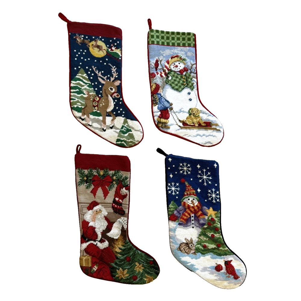 Vintage Hand Stitched Needlepoint Christmas Stockings Rudolph Santa Wool 4